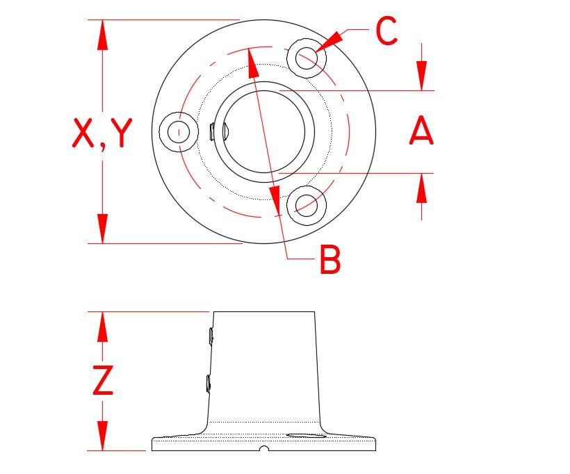 Stainless Steel Round Rail Base - 90 Degree Angle, Railing and Bimini, S3650-0900, S3650-0901, Line Drawing